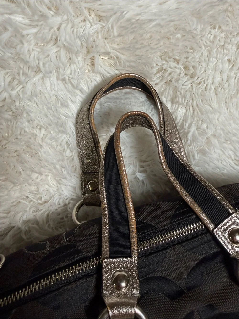 Coach Poppy Y2K Black Metallic Silver Glam Signature Canvas Tote Shoulder Bag